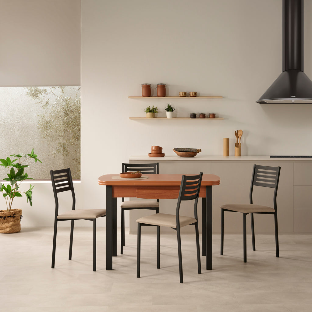 V VELASCO Mesa de Cocina Koral Color Cerezo | Mesa Extensible Libro 90x40 cm (Abierta 90x80) | Mesa Consola Pequeña con Cajón y Patas Metálicas Negras para Espacios Reducidos