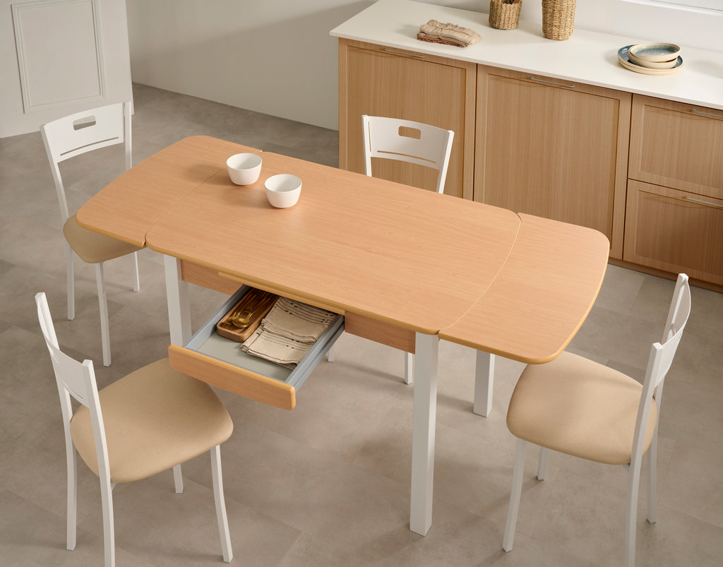 V VELASCO Mesa Koral Color Haya Natural | Mesa Cocina Extensible Libro 90x40 cm (Abierta 90x80) | Mesa Consola Pequeña con Cajón y Patas de Metal Color Aluminio para Espacios Reducidos