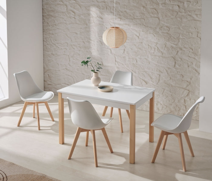 V VELASCO Mesa de Comedor Rectangular Nadia | Mesa de Cocina Nórdica para 4 Comensales (110x70x75 cm) | Escritorio de Madera Madera Maciza de Haya y Encimera Blanca Fija | Ideal para Pisos Pequeños.