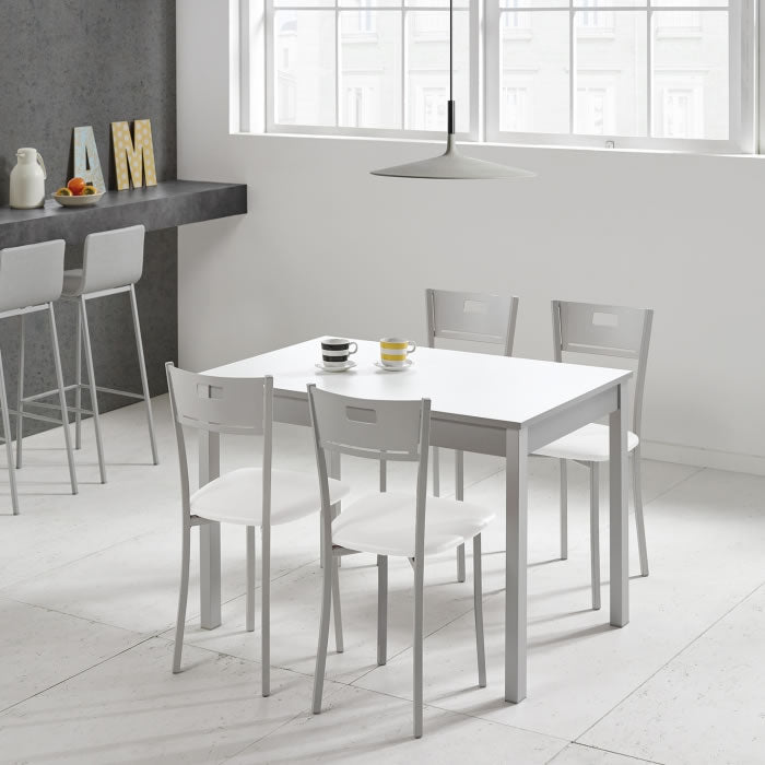 V VELASCO Mesa Cocina Fija Niza Mesa Comedor Rectangular Moderna 4 Comensales | Encimera Blanca Laminada Armazón Aluminio Patas Metálicas | Mueble Ideal Apartamentos Espacios Pequeños 110x70x75cm