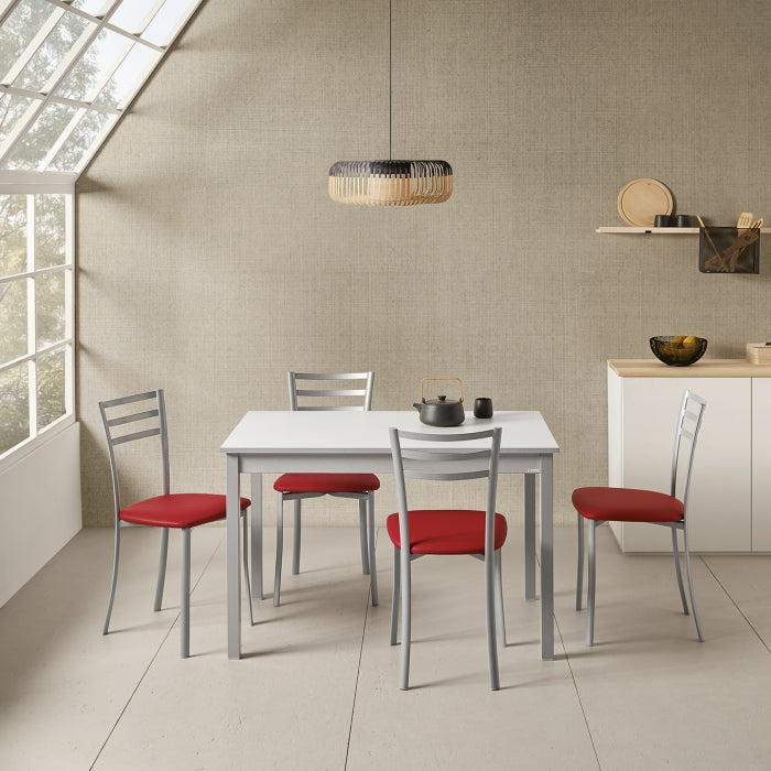 V VELASCO Mesa Cocina Fija Niza Mesa Comedor Rectangular Moderna 4 Comensales | Encimera Blanca Laminada Armazón Aluminio Patas Metálicas | Mueble Ideal Apartamentos Espacios Pequeños 110x70x75cm