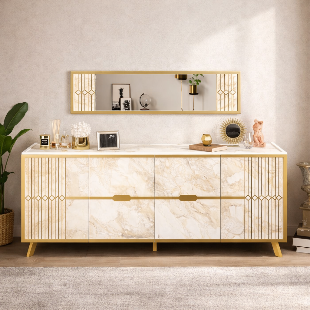 Aparador ELOISE, bilaminado mármol blanco con detalles dorados, 180 cms.