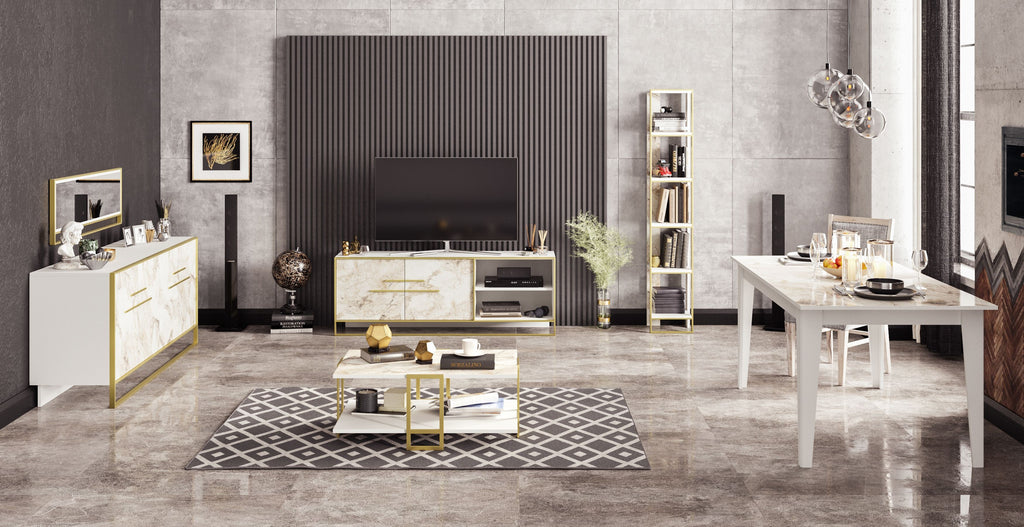 Aparador SIENA, bilaminado mármol blanco con metal dorado, 180 cms.