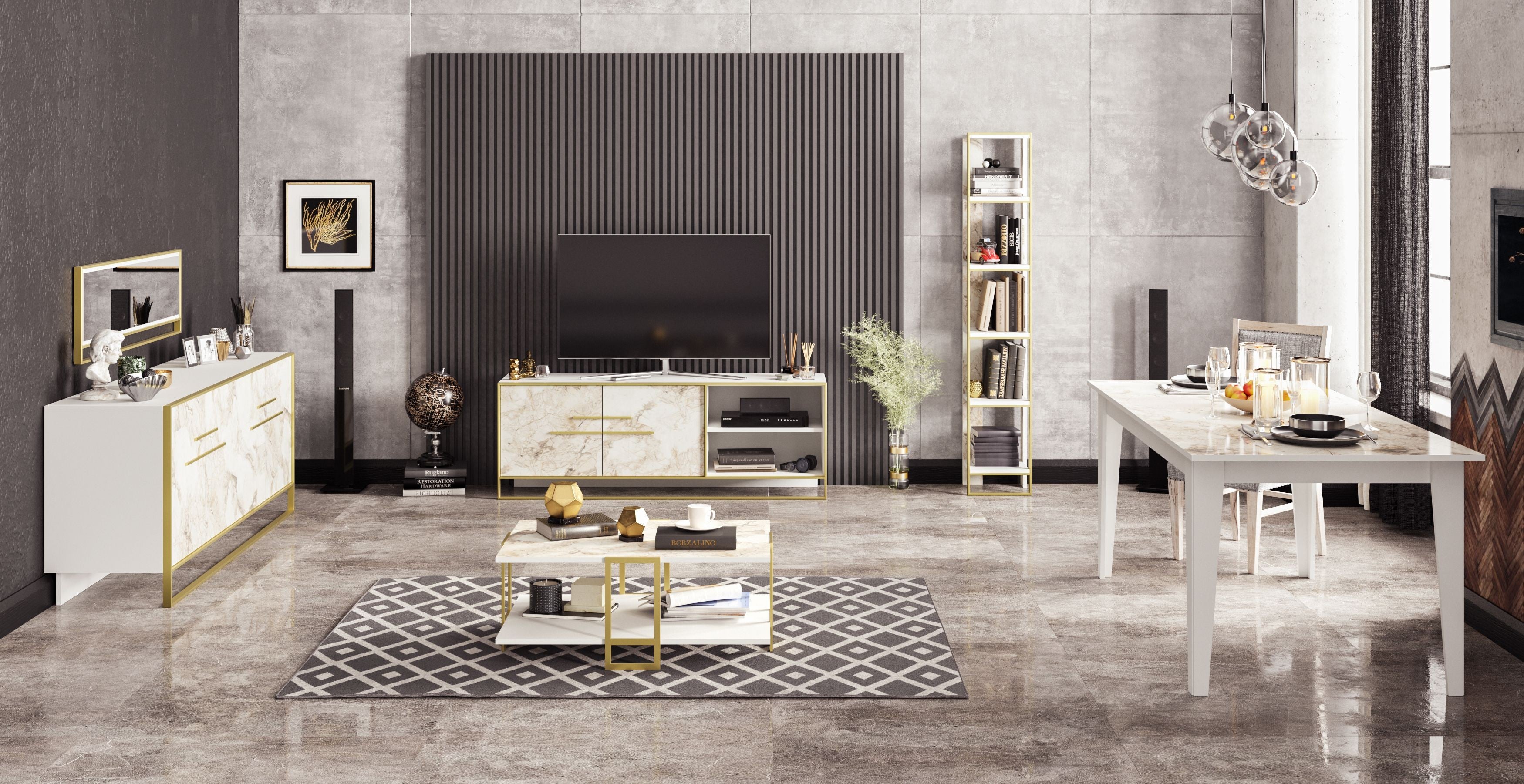 Aparador SIENA, bilaminado mármol blanco con metal dorado, 180 cms.