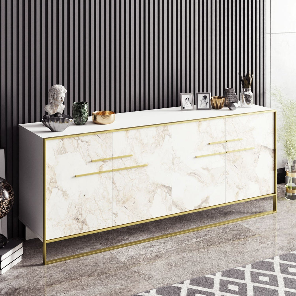 Aparador SIENA, bilaminado mármol blanco con metal dorado, 180 cms.