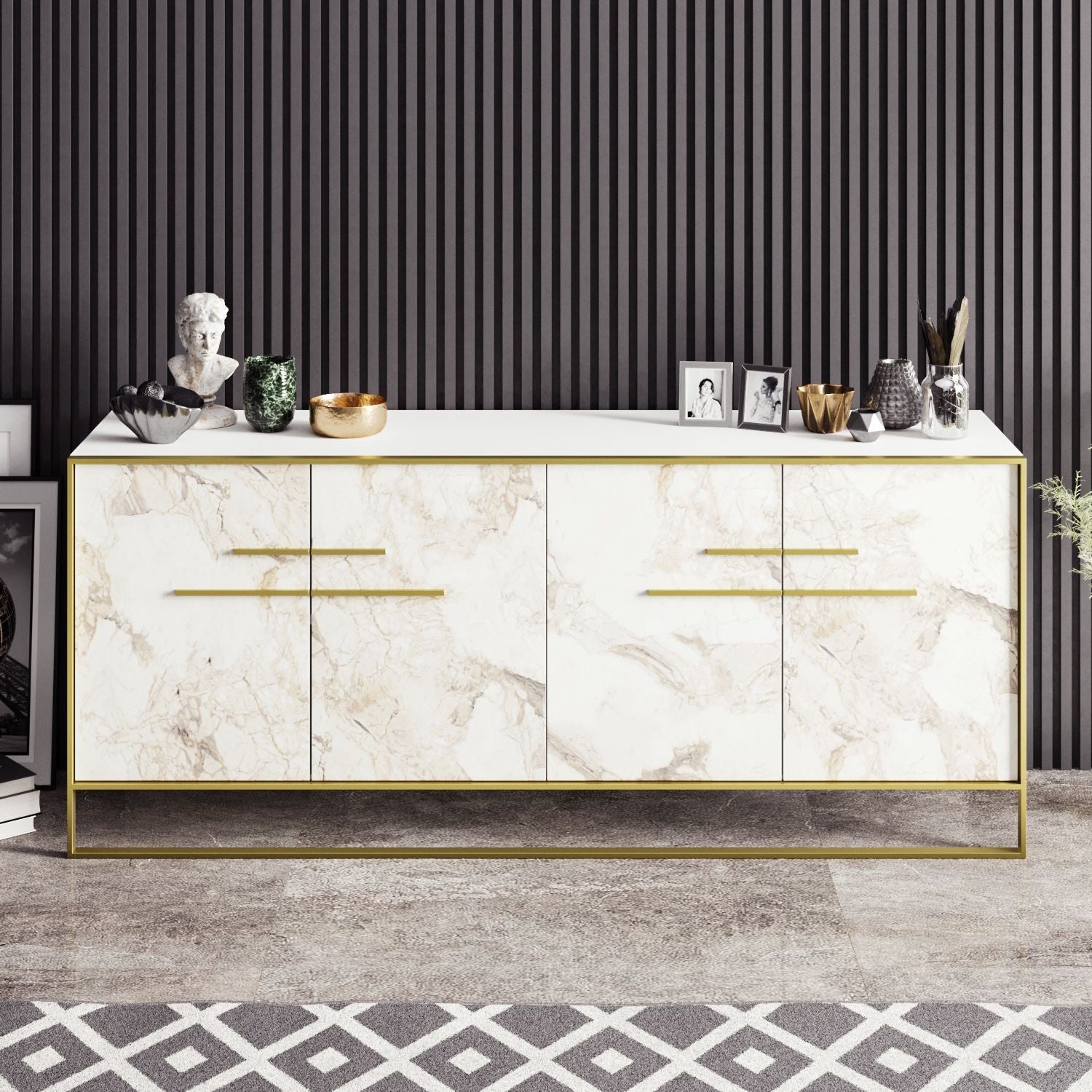 Aparador SIENA, bilaminado mármol blanco con metal dorado, 180 cms.