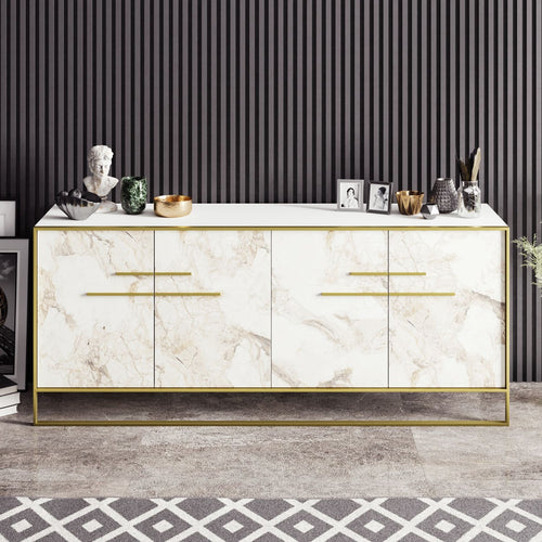 Aparador SIENA, bilaminado mármol blanco con metal dorado, 180 cms.
