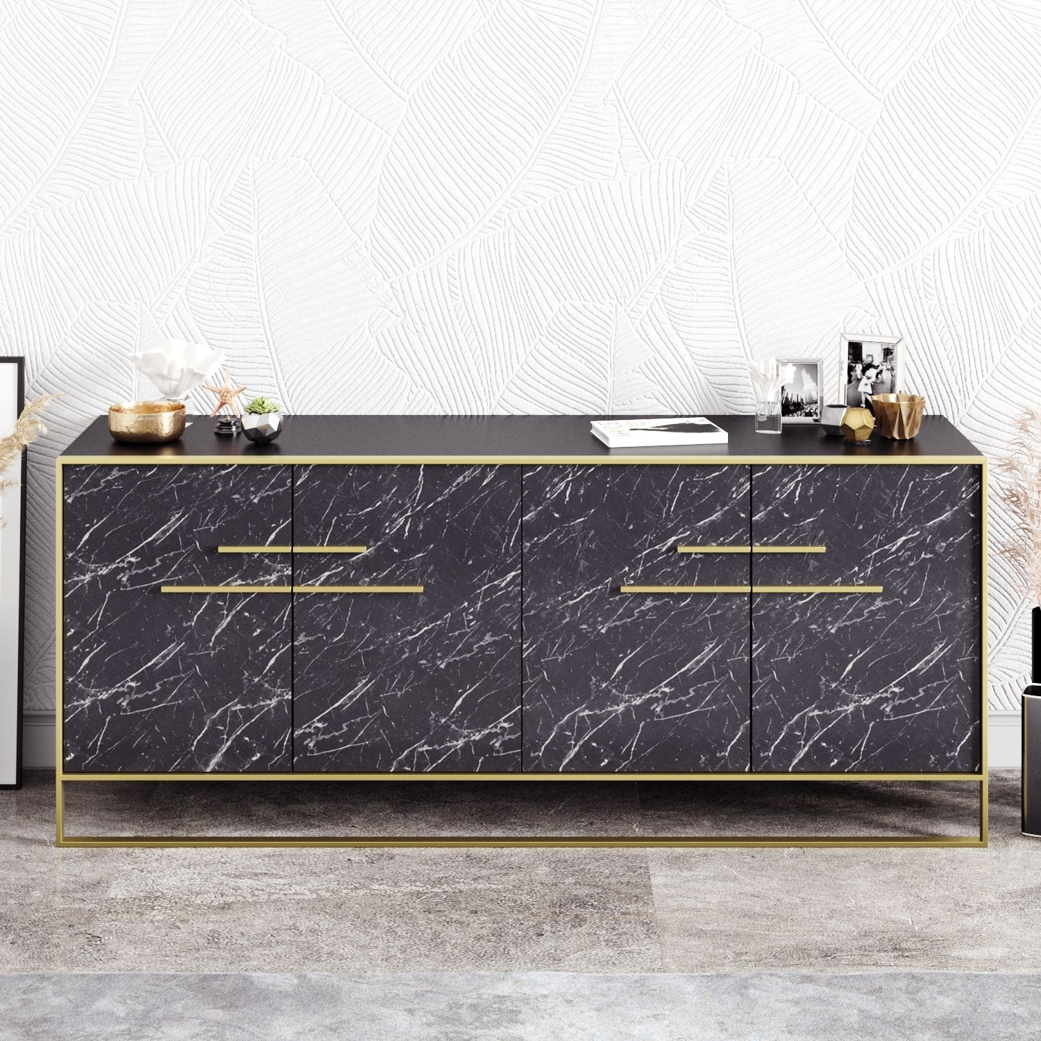 Aparador SIENA, bilaminado mármol negro con metal dorado, 180 cms.