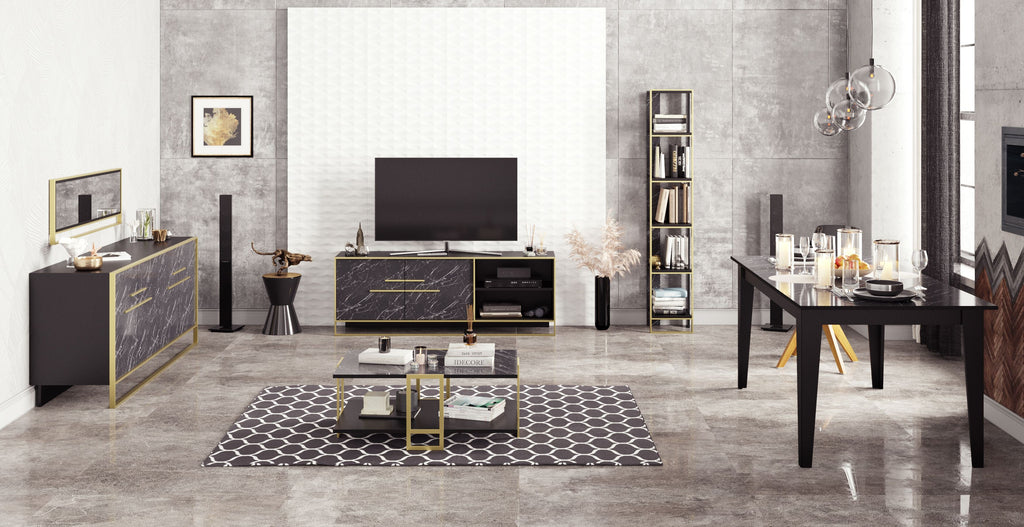 Aparador SIENA, bilaminado mármol negro con metal dorado, 180 cms.