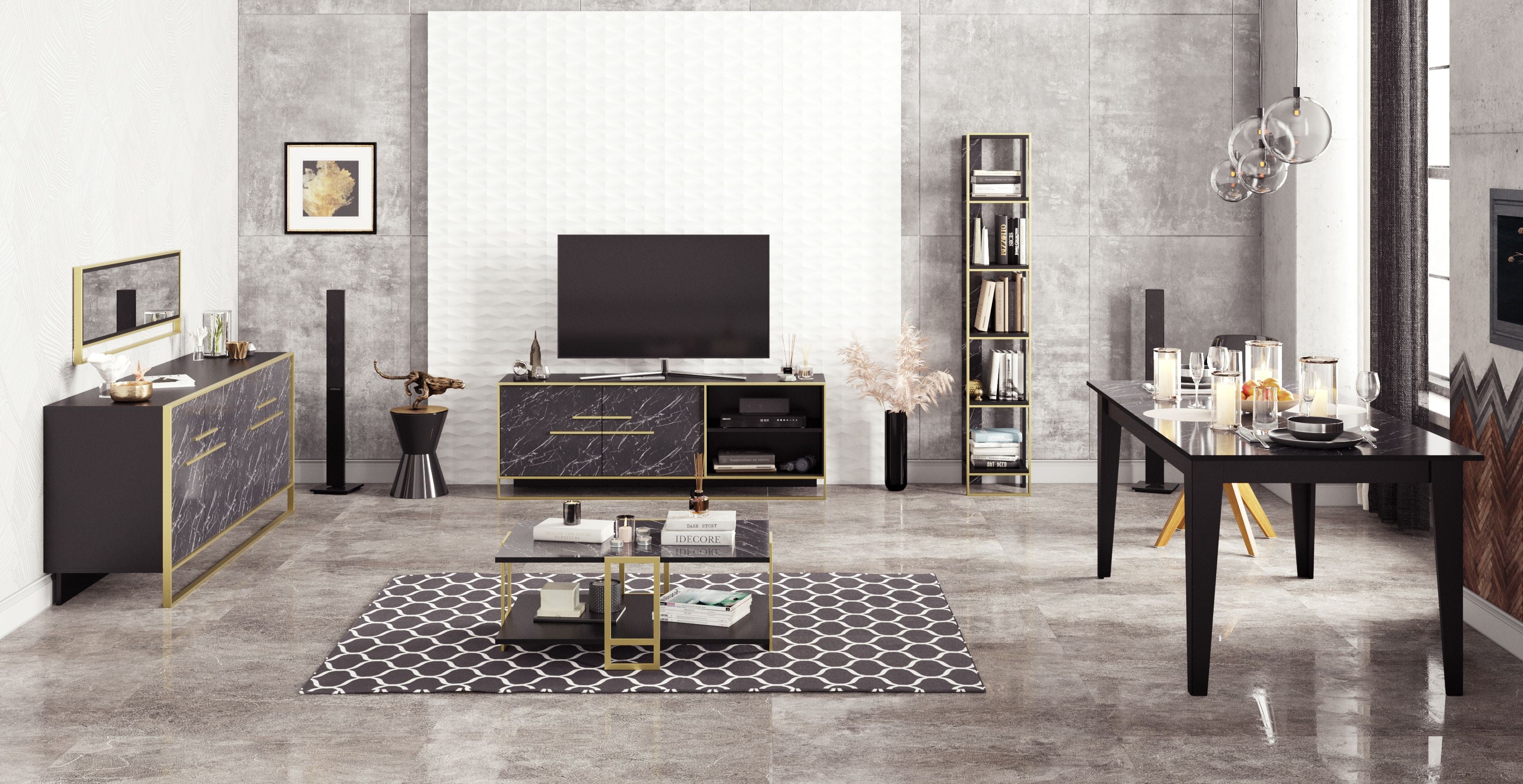 Aparador SIENA, bilaminado mármol negro con metal dorado, 180 cms.