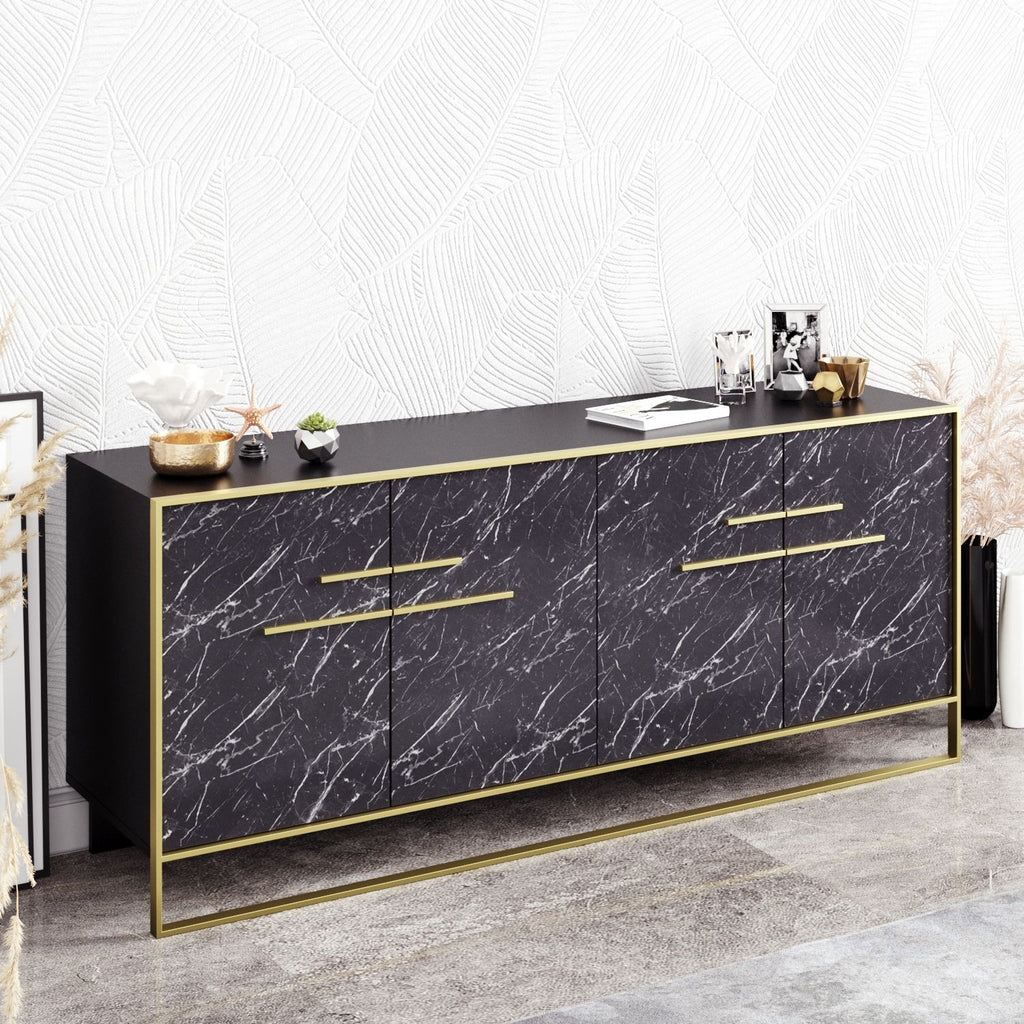 Aparador SIENA, bilaminado mármol negro con metal dorado, 180 cms.