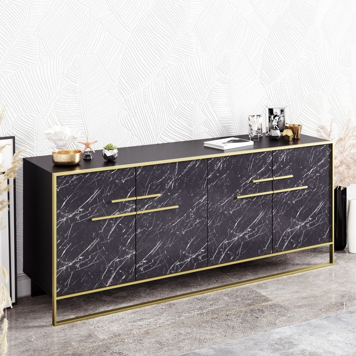 Aparador SIENA, bilaminado mármol negro con metal dorado, 180 cms.