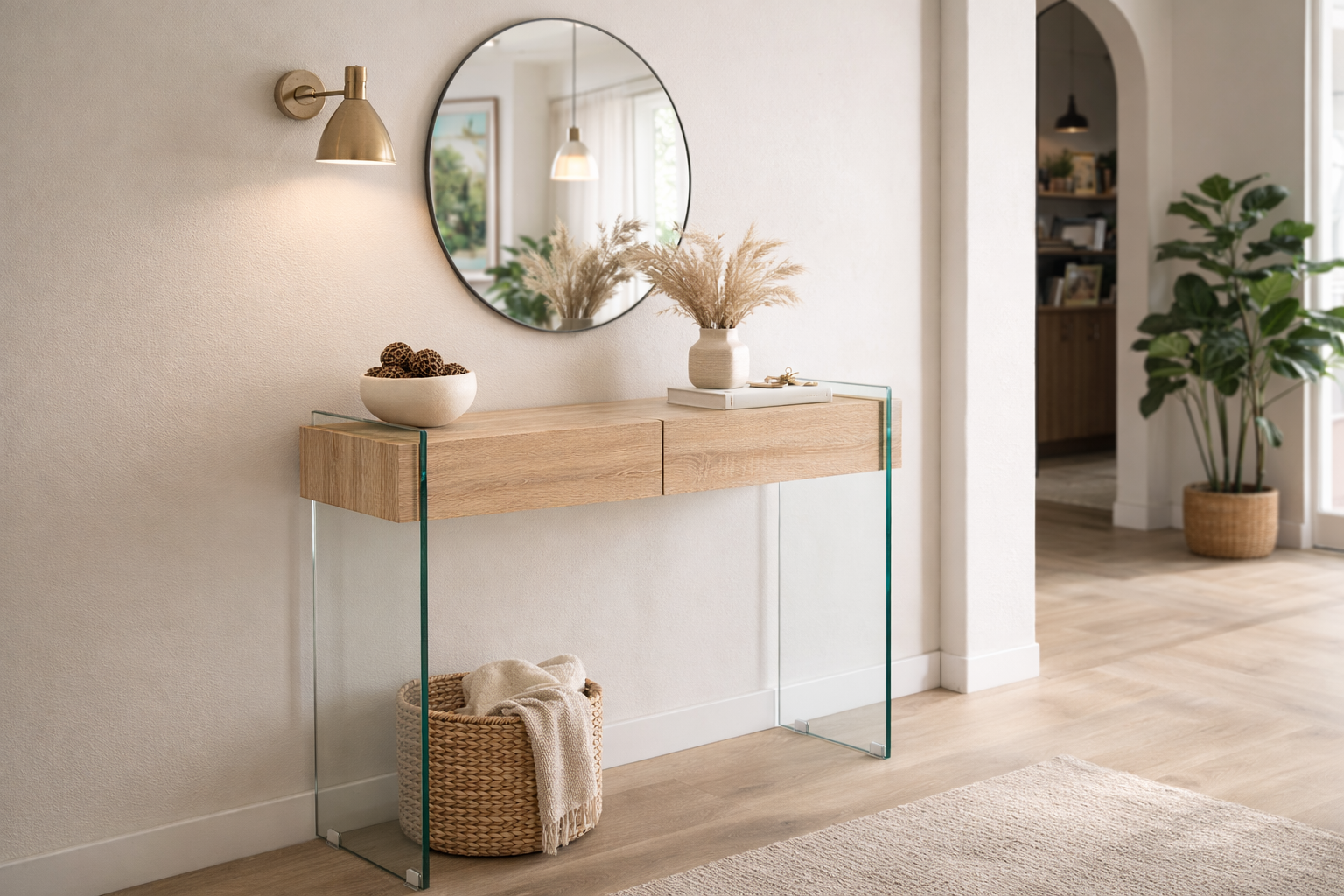 Consola GIOVANNA, 2 cajones, madera, cristal templado, 110 x 40 cms