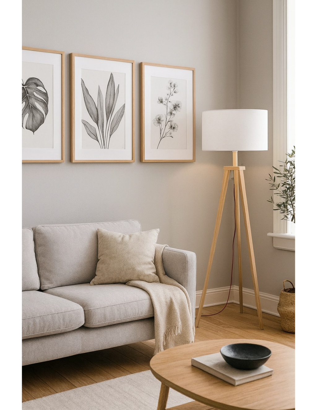 Lámpara JENSEN, pie salón, madera, pantalla blanca