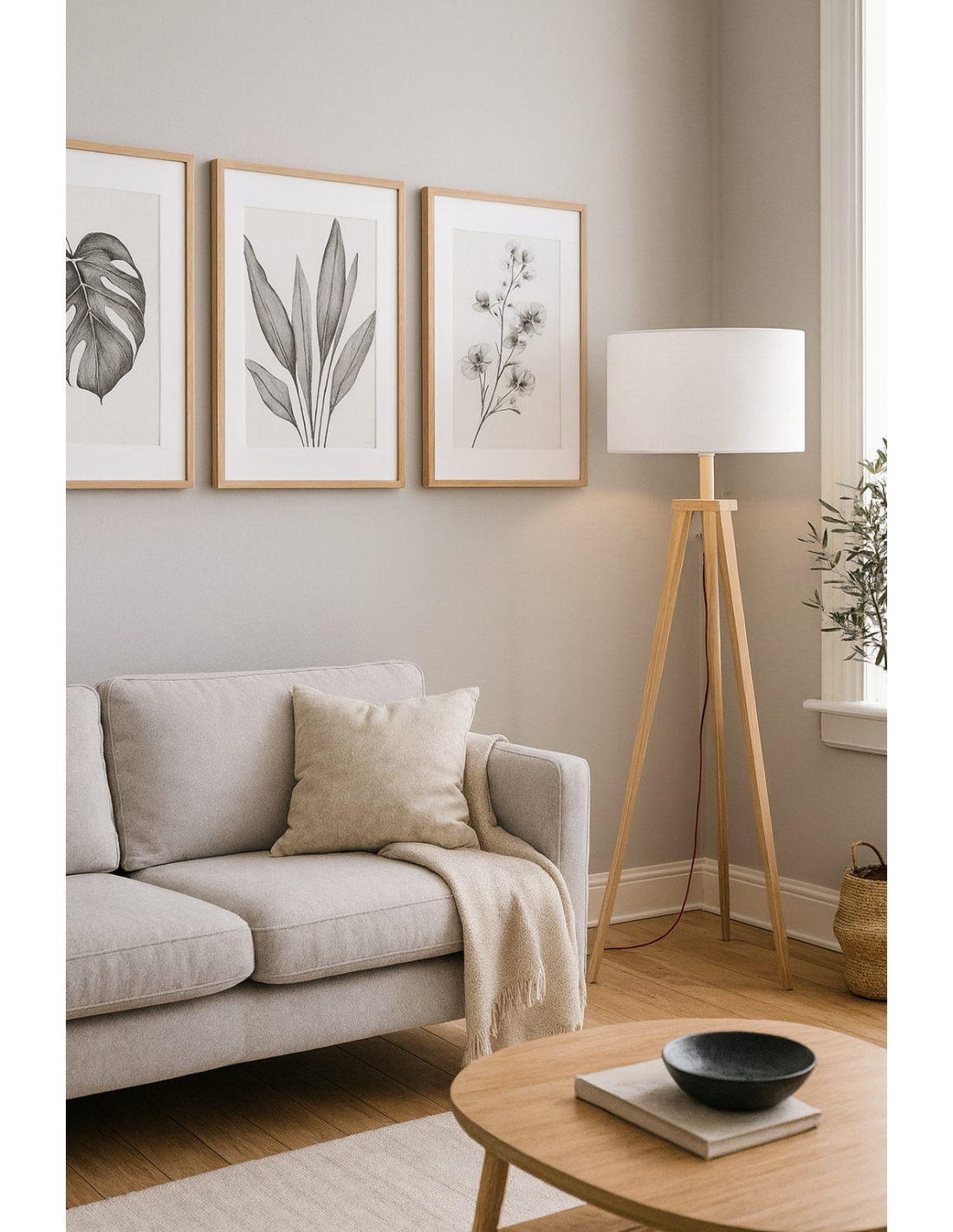 Lámpara JENSEN, pie salón, madera, pantalla blanca