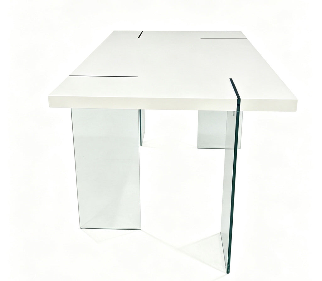 Mesa ARLON, cristal templado, tapa lacada blanca, 160 x 90 cms