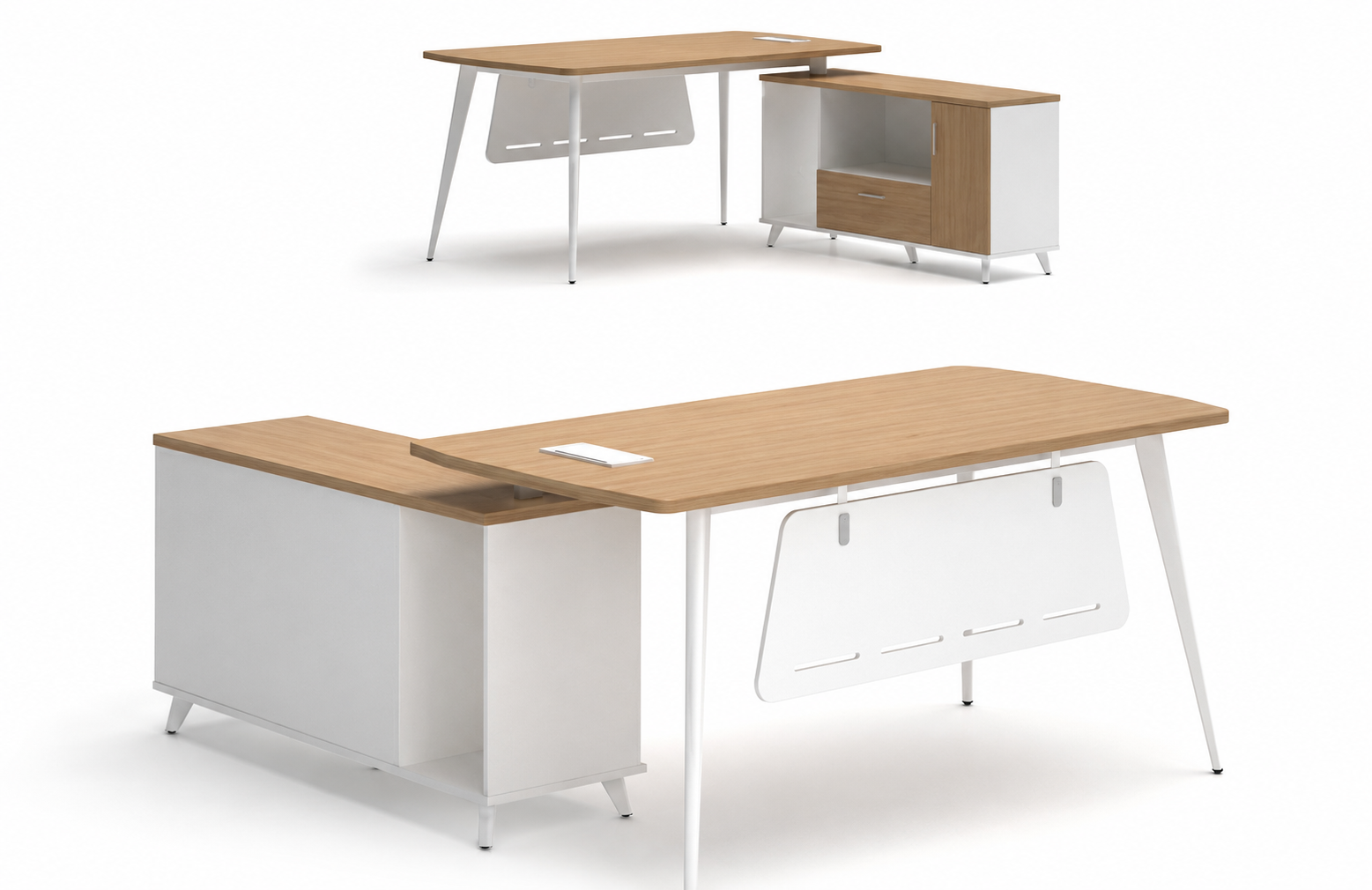 Mesa de oficina AREZZO 160, con mueble auxiliar, blanco y roble, 160 x 174 cms