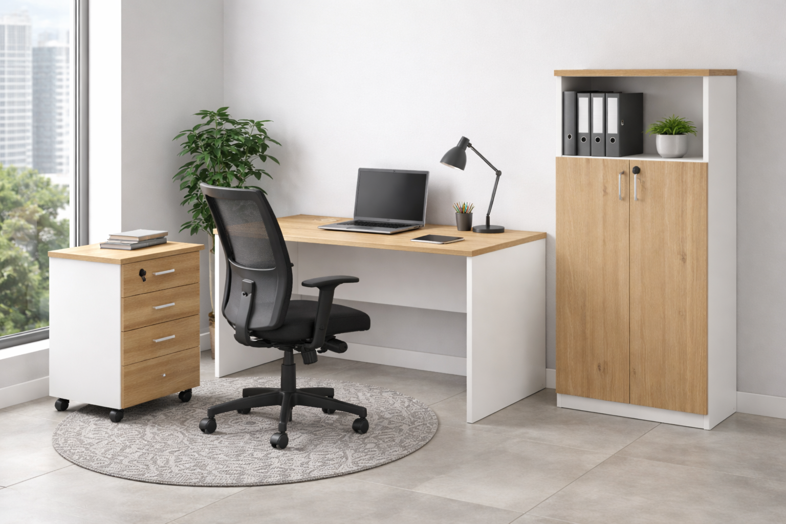Mesa de oficina VOLPI 140, blanco y roble, 140 x 70 cms