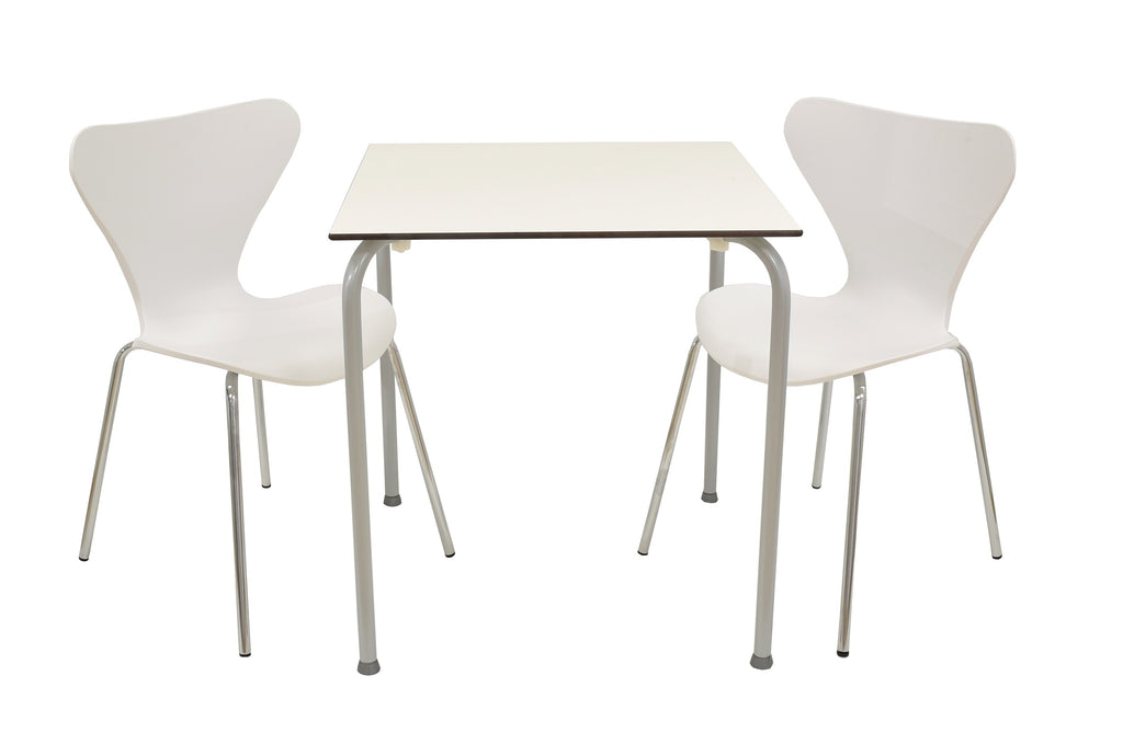Mesa FERAY NEW, apilable, epoxi gris, tablero fenólico blanco, 69 x 69 cms.