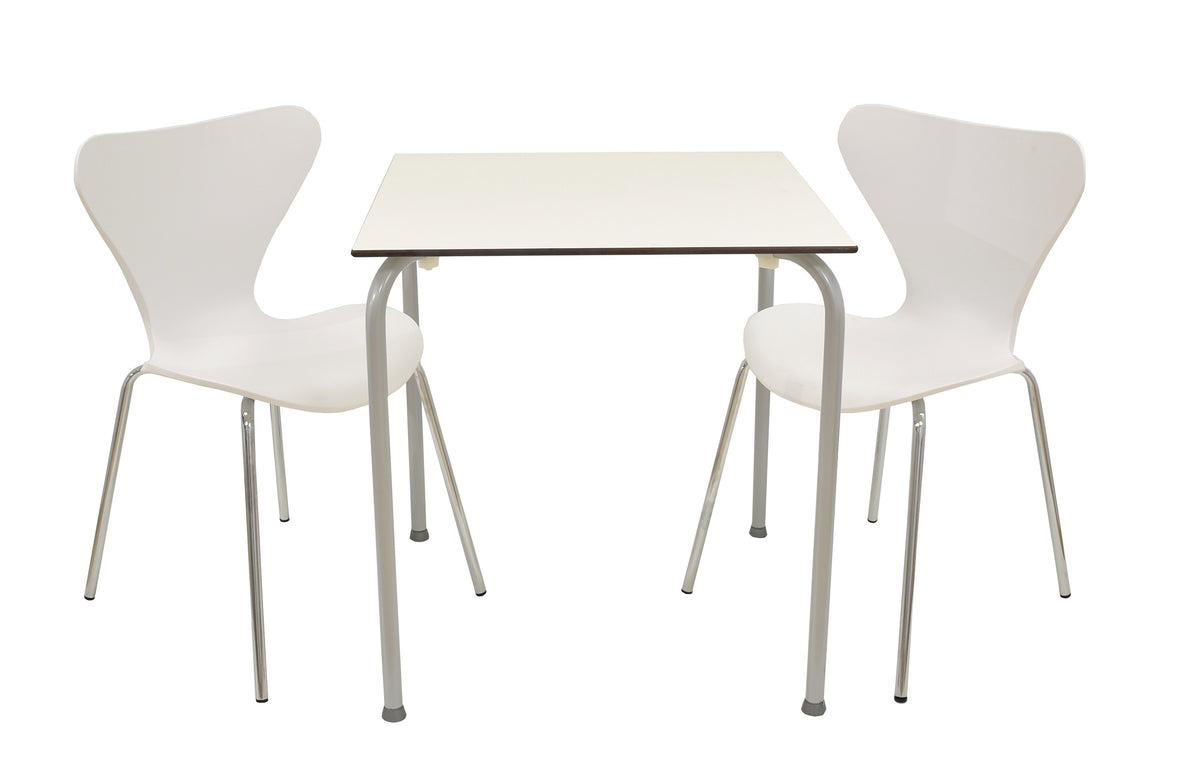 Mesa FERAY NEW, apilable, epoxi gris, tablero fenólico blanco, 69 x 69 cms.