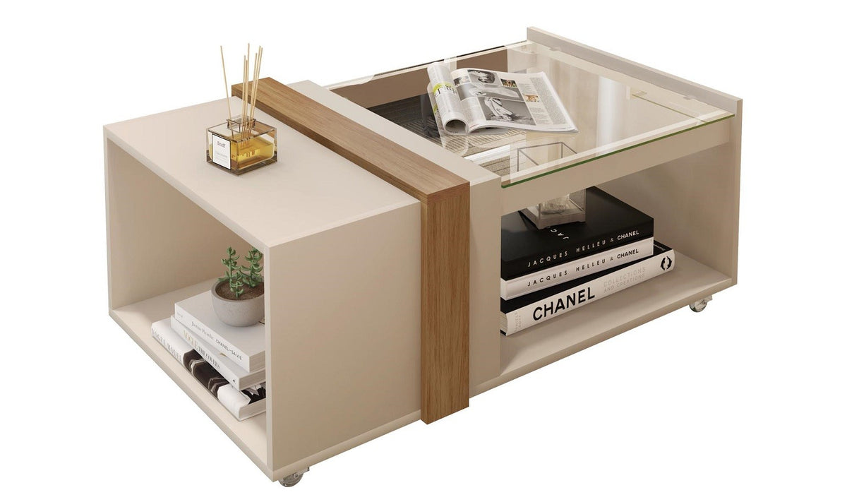 Mesa FRANCIA, baja, cristal, MDP blanco roto y miel, 90,5 x 54 cms