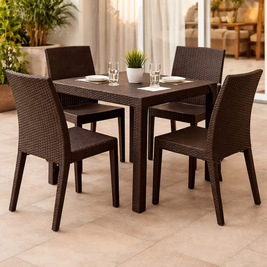 Mesa TROPICAL, ratán, polipropileno marrón chocolate, 80 x 80 cms