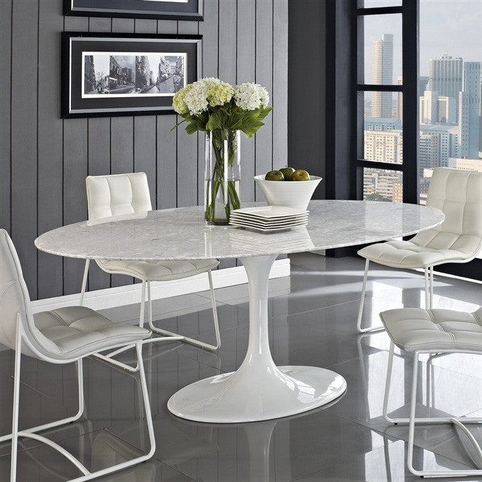 Mesa TUL, oval, fibra de vidrio, mármol blanco 180x108 cms
