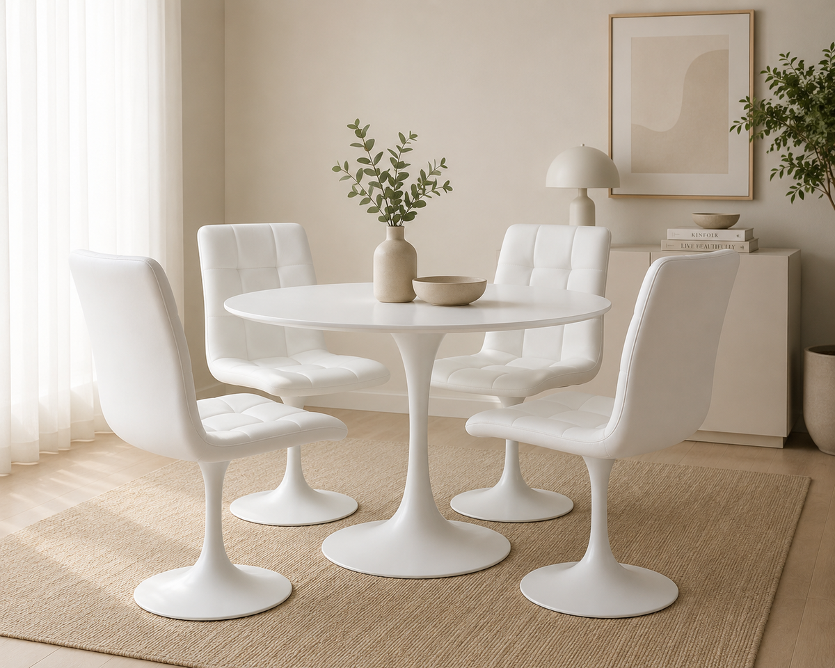 Mesa TUL (TO), base de metal, tapa lacada blanca, 120 cms de diámetro