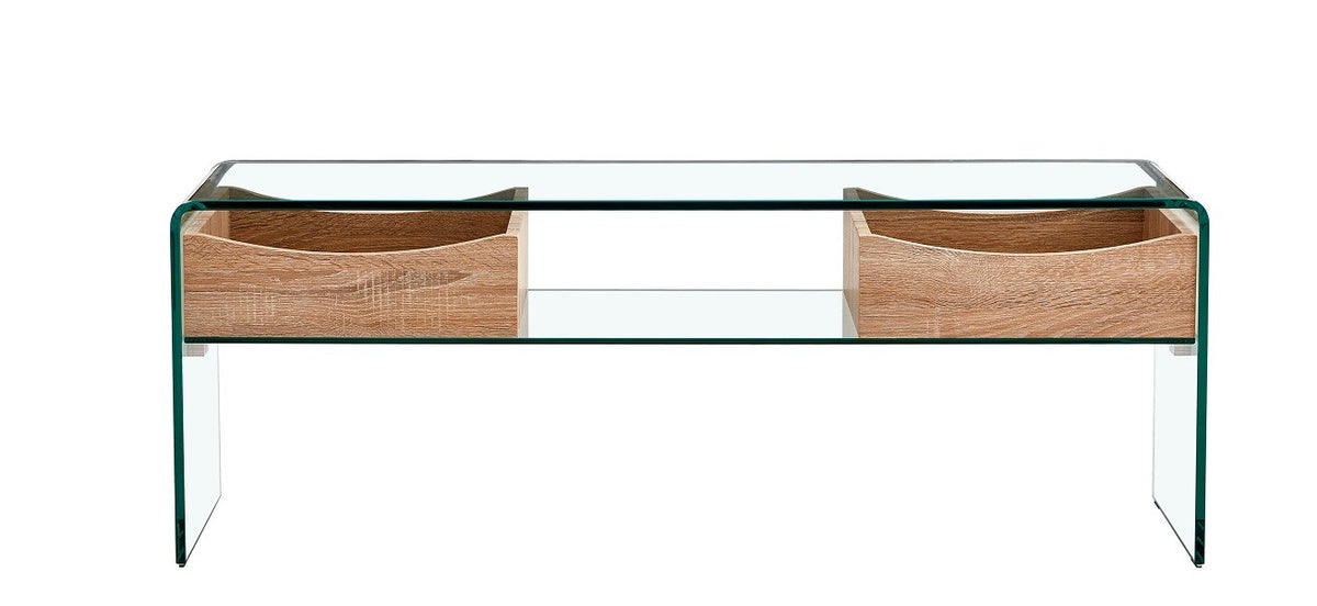 Mesa TV LIBRA, cajones, cristal curvado, 120 x 35 cms
