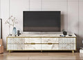 Mueble de TV ELOISE, bilaminado mármol blanco con detalles dorados, 180 cms.