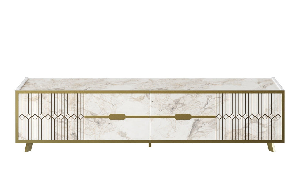 Mueble de TV ELOISE, bilaminado mármol blanco con detalles dorados, 180 cms.
