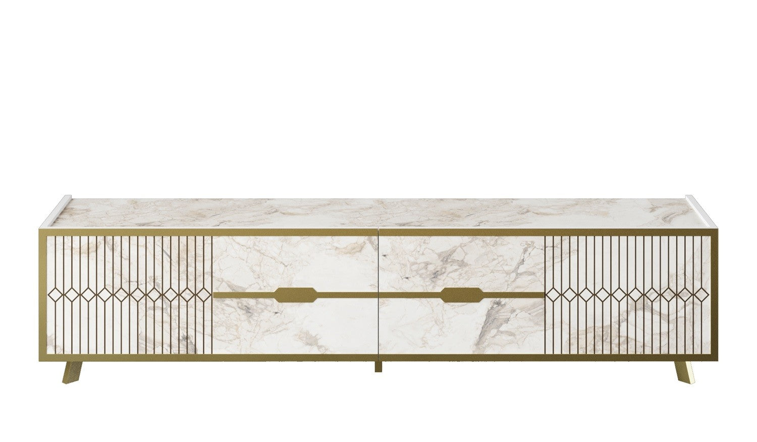Mueble de TV ELOISE, bilaminado mármol blanco con detalles dorados, 180 cms.