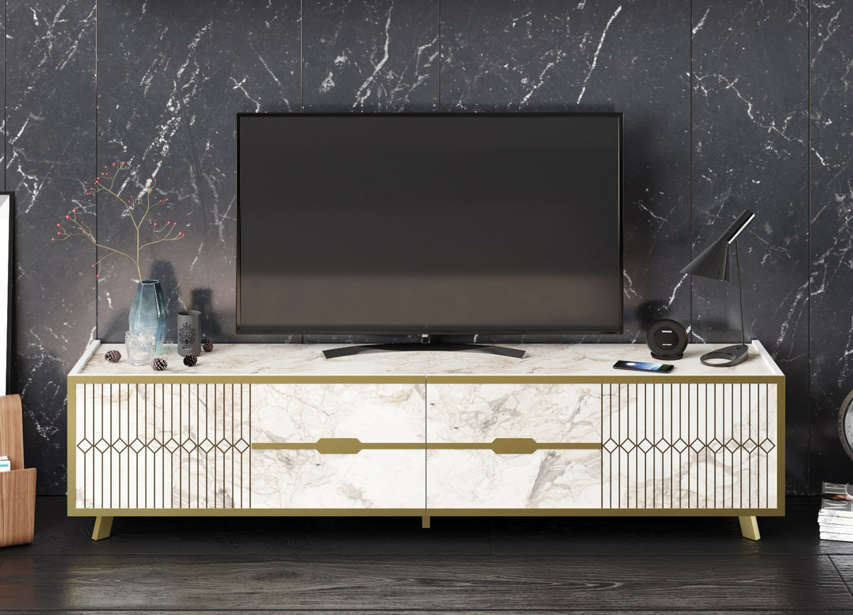 Mueble de TV ELOISE, bilaminado mármol blanco con detalles dorados, 180 cms.