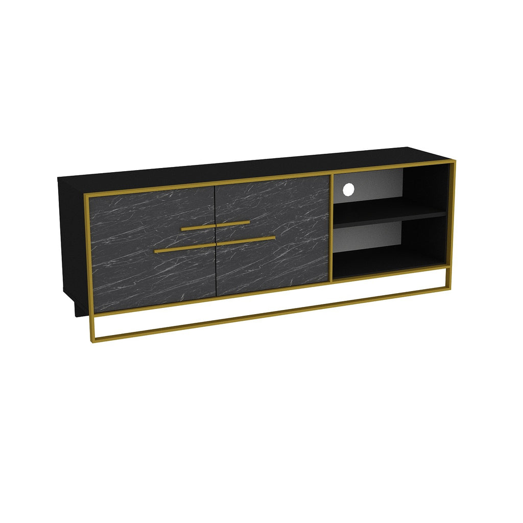 Mueble de TV SIENA, bilaminado mármol negro con metal dorado, 160 cms.