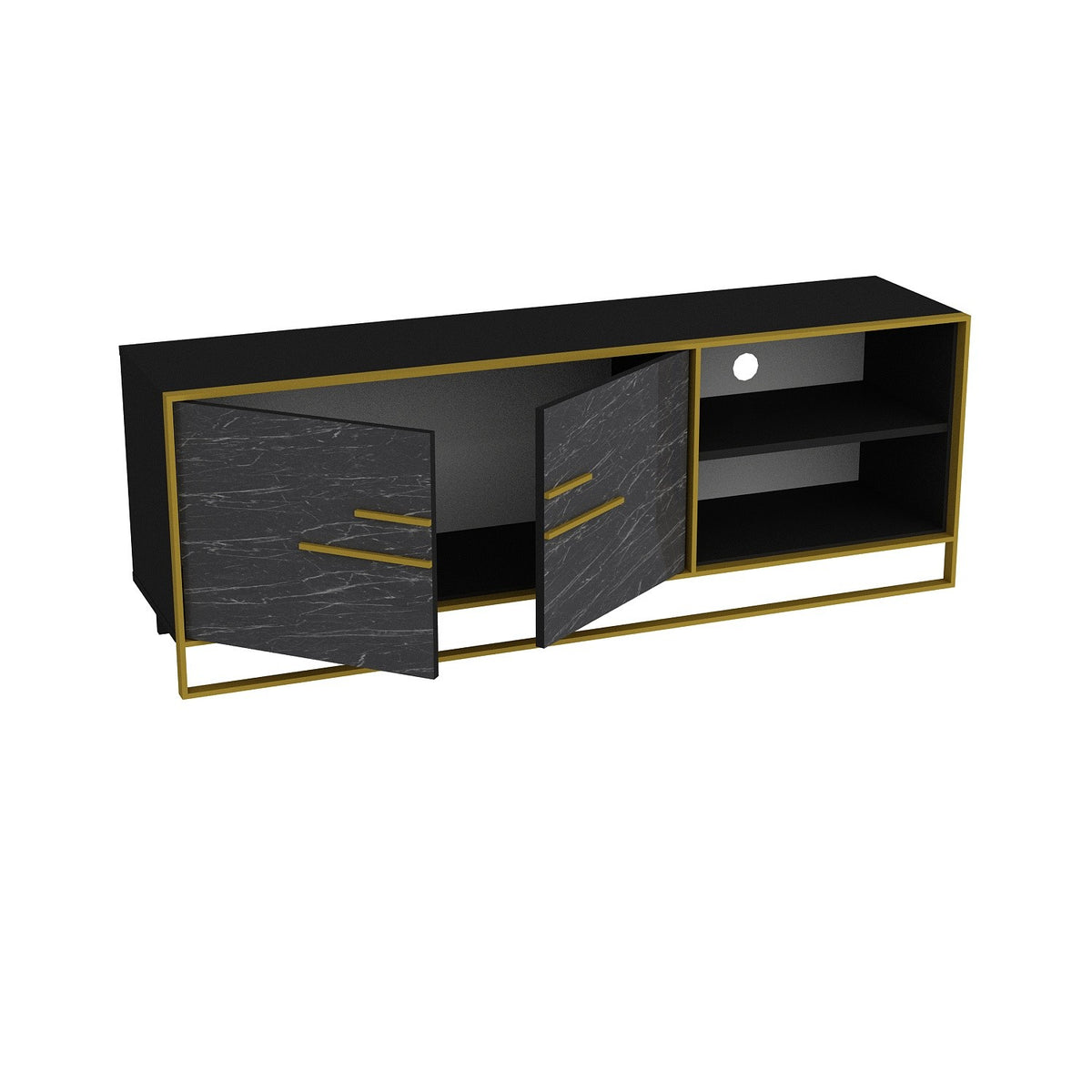 Mueble de TV SIENA, bilaminado mármol negro con metal dorado, 160 cms.
