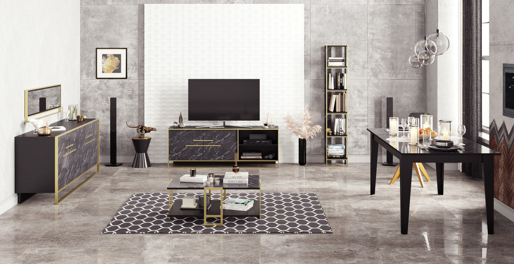 Mueble de TV SIENA, bilaminado mármol negro con metal dorado, 160 cms.