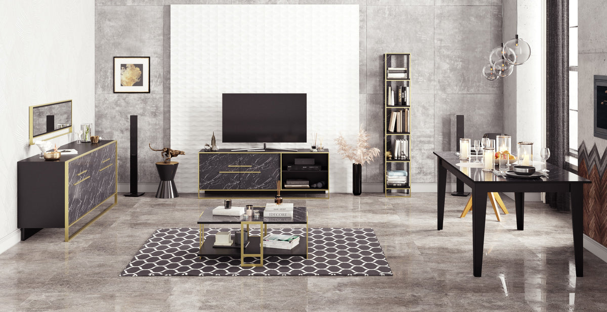Mueble de TV SIENA, bilaminado mármol negro con metal dorado, 160 cms.