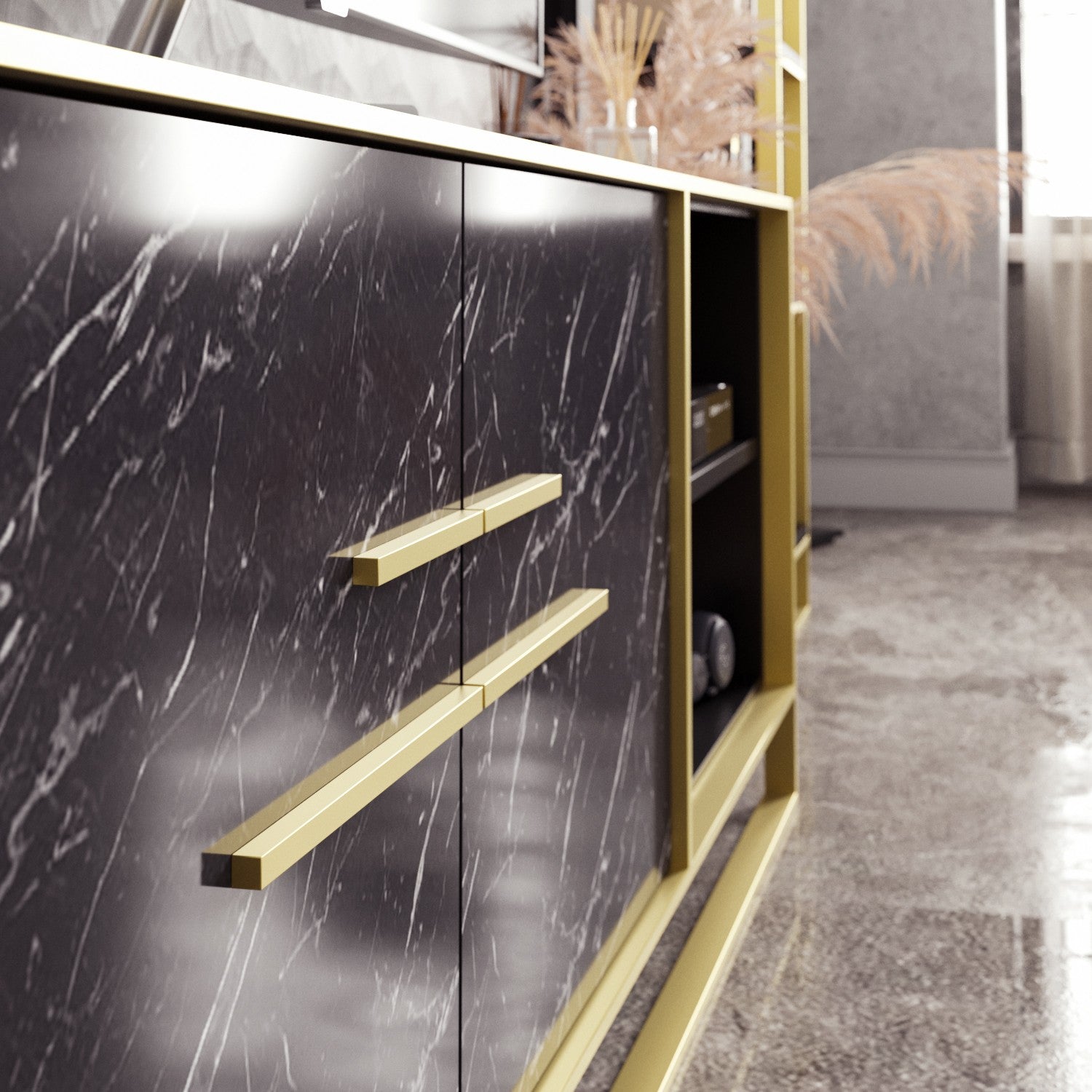 Mueble de TV SIENA, bilaminado mármol negro con metal dorado, 160 cms.