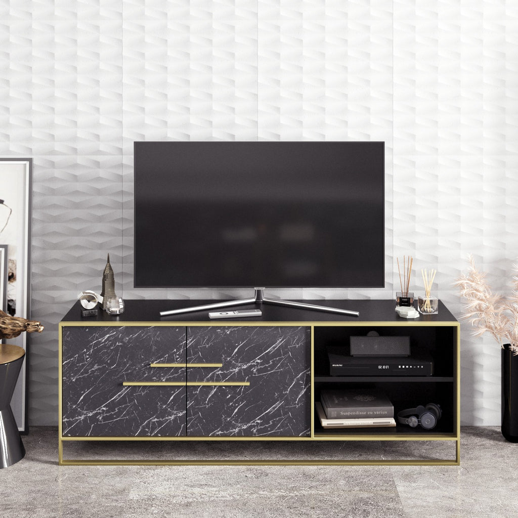 Mueble de TV SIENA, bilaminado mármol negro con metal dorado, 160 cms.