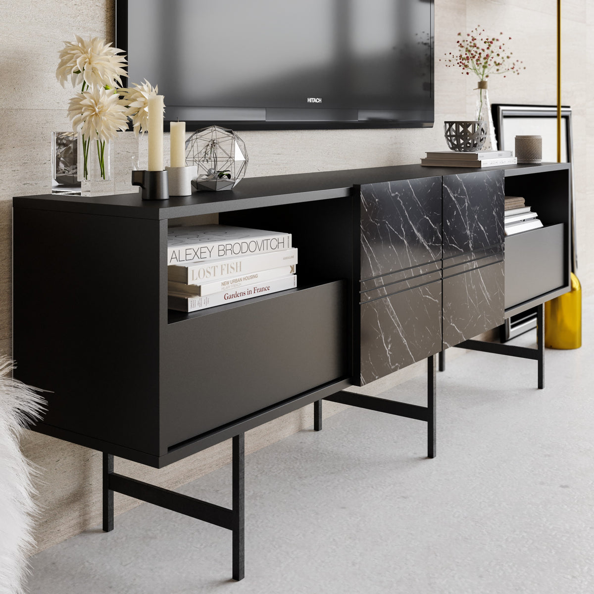 Mueble de TV SIMON, bilaminado mármol negro, 180 cms.