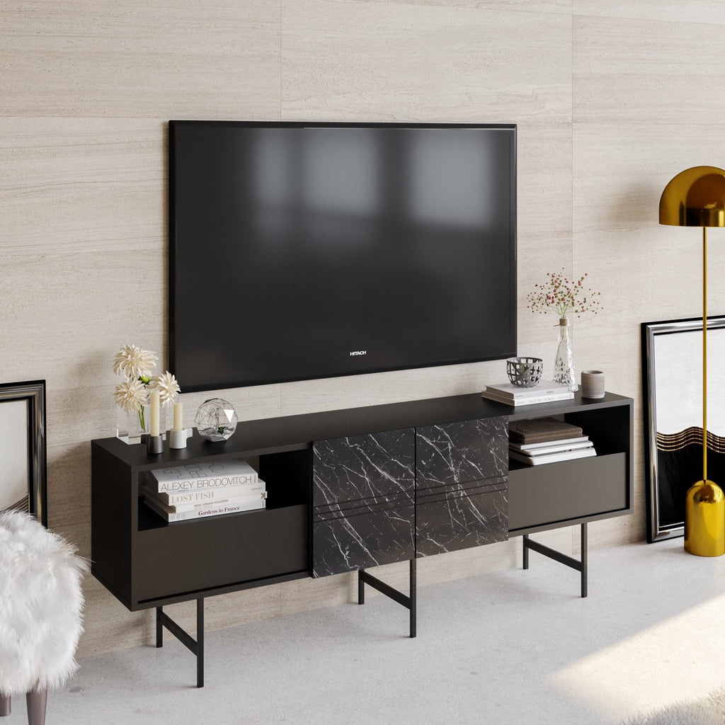 Mueble de TV SIMON, bilaminado mármol negro, 180 cms.