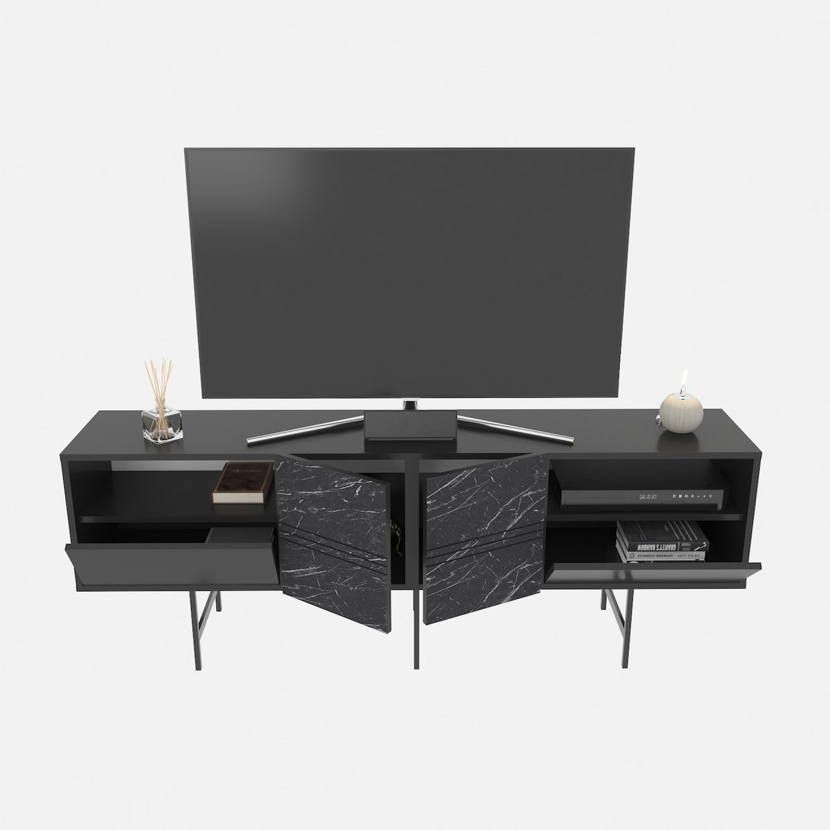 Mueble de TV SIMON, bilaminado mármol negro, 180 cms.