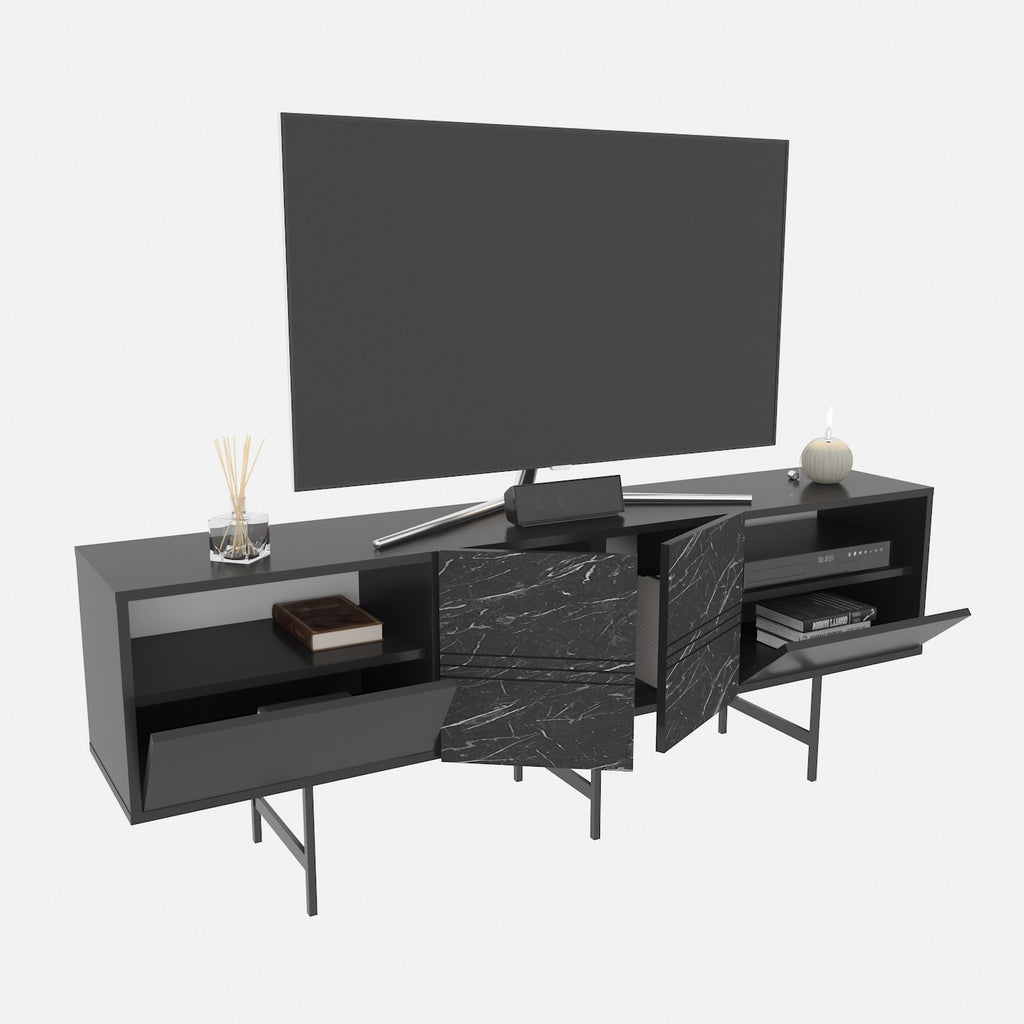 Mueble de TV SIMON, bilaminado mármol negro, 180 cms.