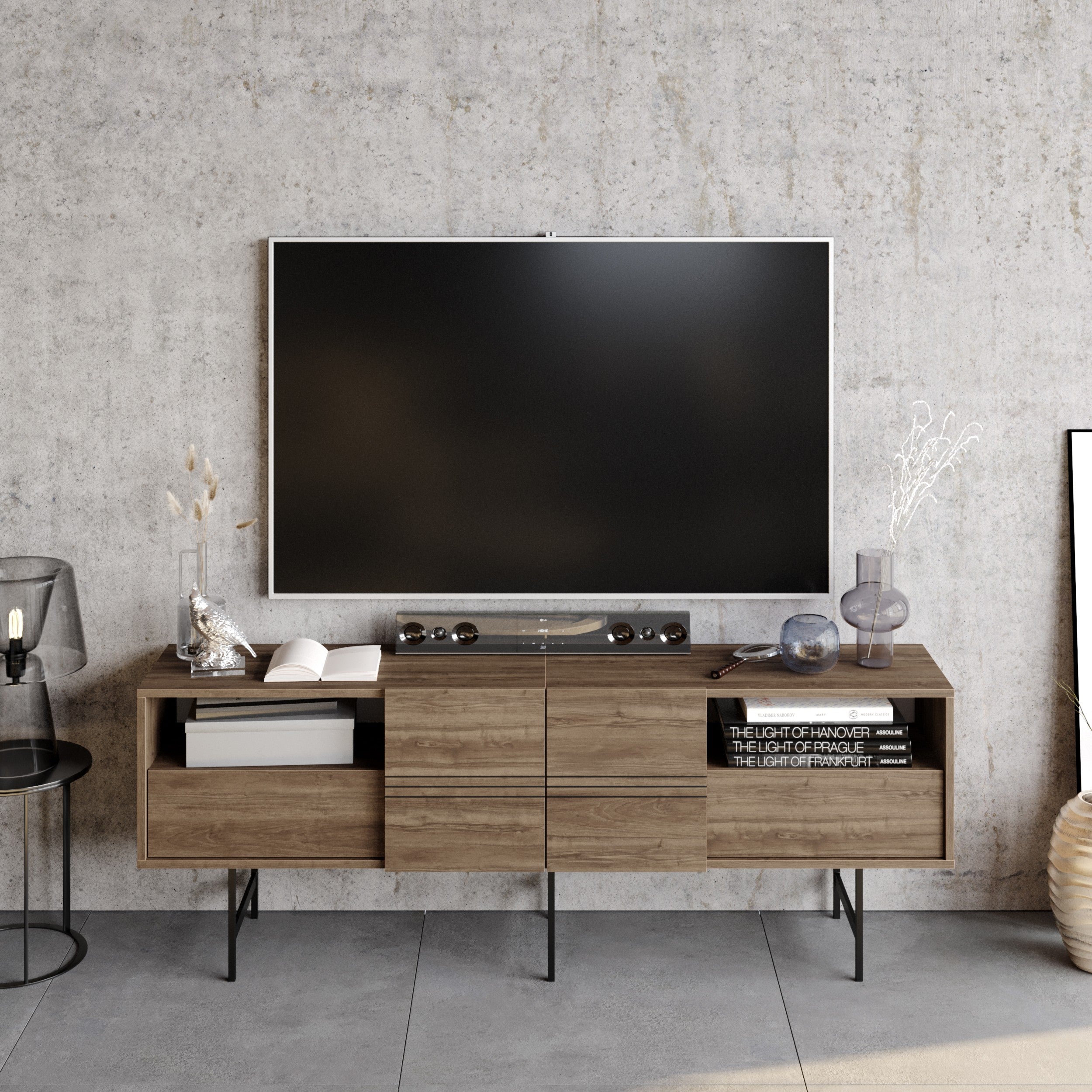 Mueble de TV SIMON, bilaminado nogal, 180 cms.