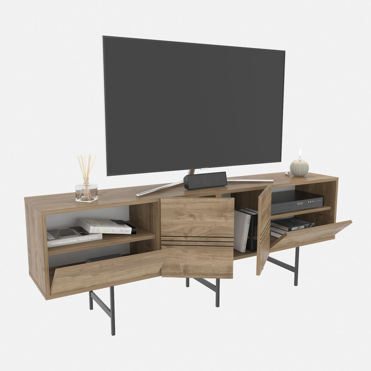 Mueble de TV SIMON, bilaminado nogal, 180 cms.