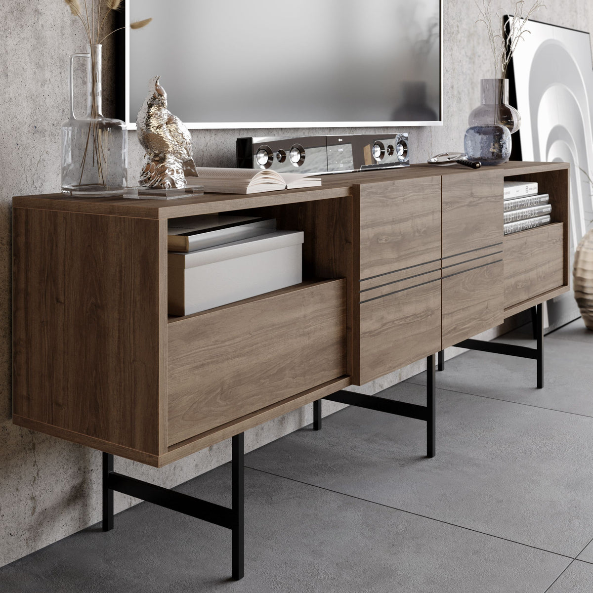 Mueble de TV SIMON, bilaminado nogal, 180 cms.
