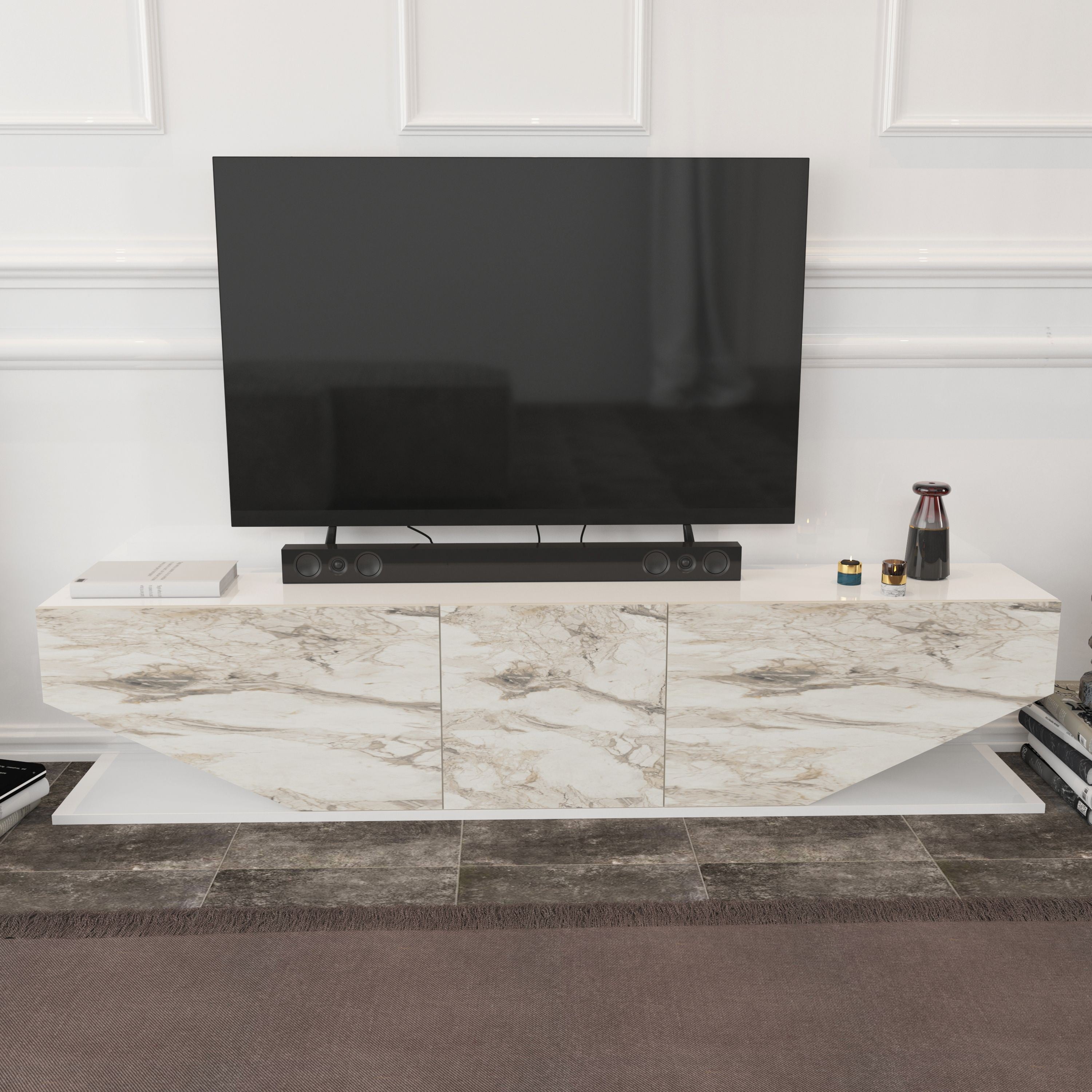 Mueble de TV VIOLET, bilaminado mármol blanco, 180 cms.