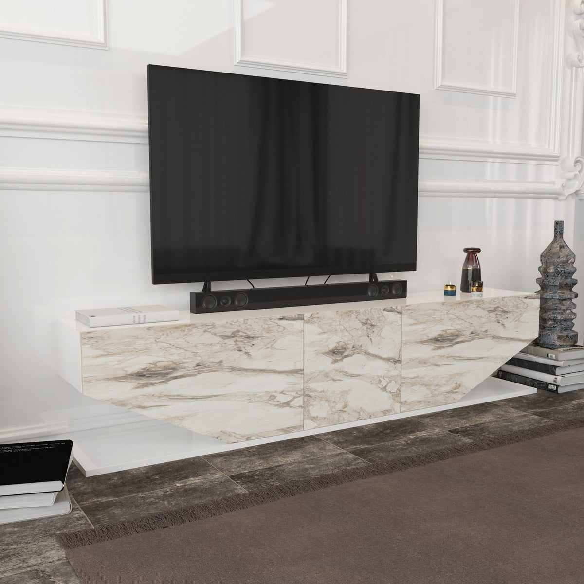 Mueble de TV VIOLET, bilaminado mármol blanco, 180 cms.