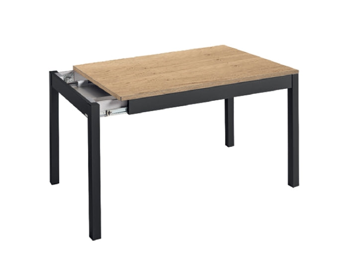 V VELASCO Mesa de Cocina Extensible Atenas | Mesa de Comedor Pequeña Industrial de Madera Roble y Patas Negras | Mesa Extensible Salón Rectangular Compacta (110-170 x 70 cm)