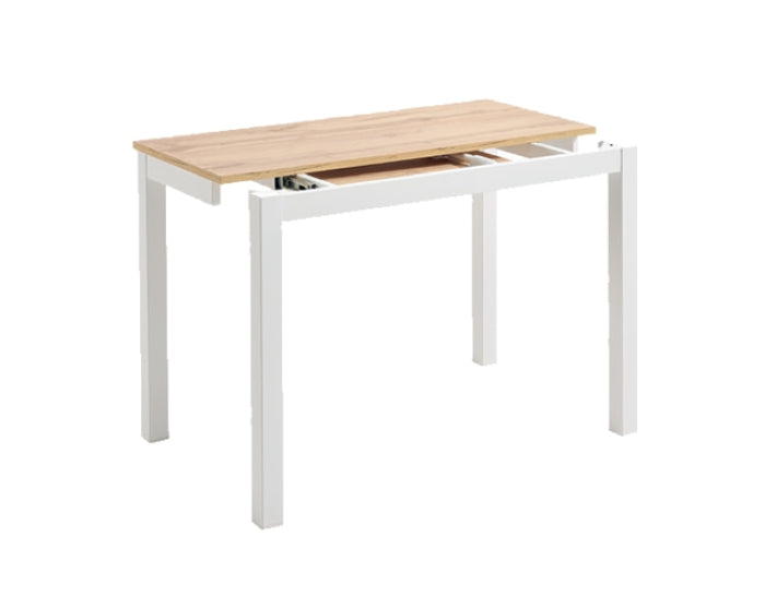 V VELASCO Mesa de Cocina Extensible Elda | Mesa Comedor de Madera Laminada Roble Hércules y Patas Metálicas Blancas, Apertura Frontal Telescópica (Cerrada: 100x45 cm/Abierta: 100x75 cm)